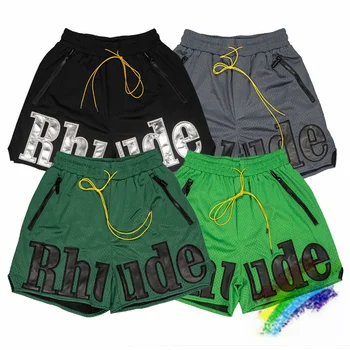 Сетчатые шорты RHUDE Для мужчин и женщин, кожаные шорты Rhude с вышивкой, бриджи с множеством карманов