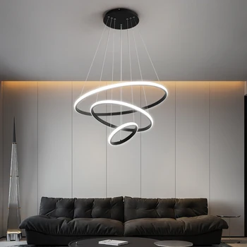 Современный минималистичный дизайн, светодиодная подвесная лампа для столовой, кухни, гостиной, спальни, Черная потолочная люстра с круглым кольцом