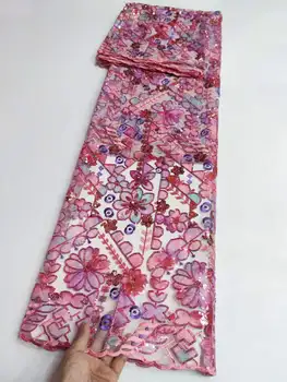 Стильная розовая африканская кружевная ткань 2023, высококачественное платье из французской кружевной ткани, нигерийская кружевная ткань с 3D блестками, материал 5 ярдов