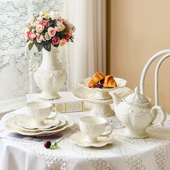 Тисненые домашние керамические чашки и тарелки чайник в европейском стиле придворная послеобеденная чайная чашка ретро кофейная чашка блюдце чайник ваза