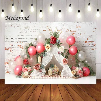 Фон для фотосъемки Mehofond Походная палатка в стиле Бохо С цветочным рисунком, Белая кирпичная стена, День рождения девушки, Портретный декор, Фон для фотостудии