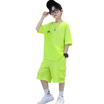 Футболка с коротким рукавом для большого мальчика + шорты, Спортивные комплекты из 2 предметов, Летняя детская одежда для подростков, флуоресцентные зеленые наряды от 5 до 14 лет