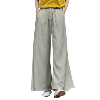 Эластичные дышащие брюки с карманами, свободные женские брюки из хлопка и льна, повседневные летние брюки для женщин младше 10 лет